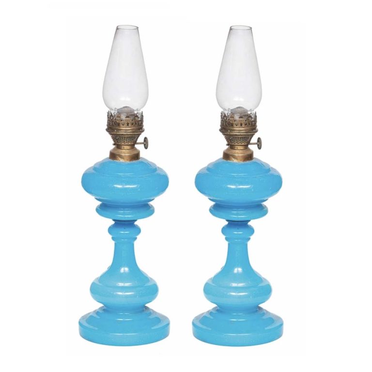 Two Victorian Tall Blue Glass Oil Lamps
