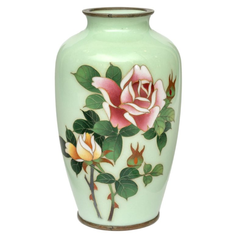 Japanese Celadon green cloisonne baluster form vase decorated with pink and yellow roses