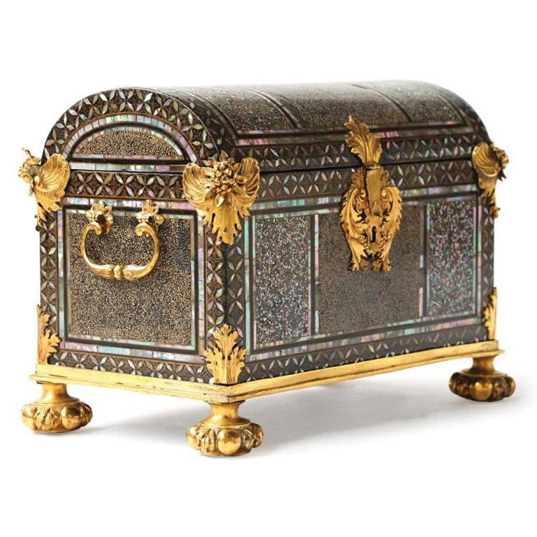An absolutely stunning Japanese lacquer, shagreen and mother-of-pearl casket made in Japan late 16th century/early 17th century (Momoyama period) as part of the commercial exchanges between Europeans and the Japanese. Ordered by Portuguese merchants for the European market, these so-called Namban chests took the form of western shapes with typically Japanese decoration: hiramaki-e lacquer (gold on a black background), mother-of-pearl inlays and sometimes, as here, panels of stingray. The gilt bronze and copper mounts were added in Europe. Measuring 27.5cm high x 38cm wide, this chest sold at Sotheby’s Paris for $92,820 in July 2020.