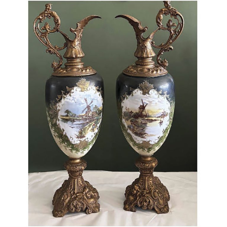 Pair Art Nouveau glass and gilded metal urns
