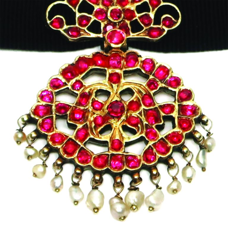 Antique 20ct yellow gold topped Burmese ruby and natural pearl South Indian Pathakam pendant on ribbon collar