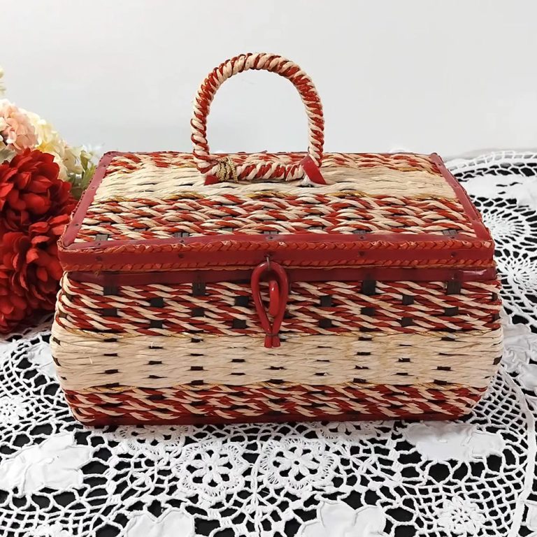 1970s red and gold woven rattan sewing basket