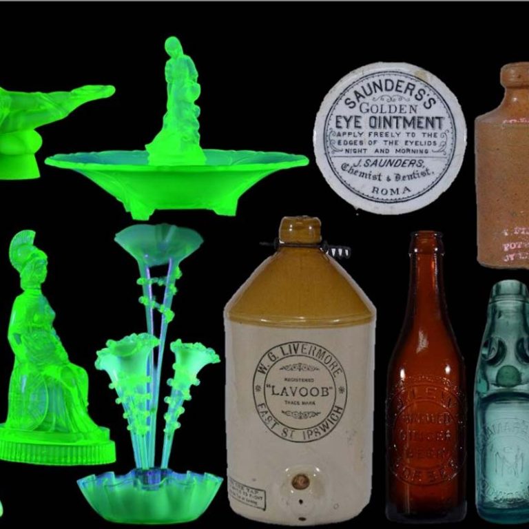 Uranium glass antique bottles Australian pottery auction Nick Rowland August