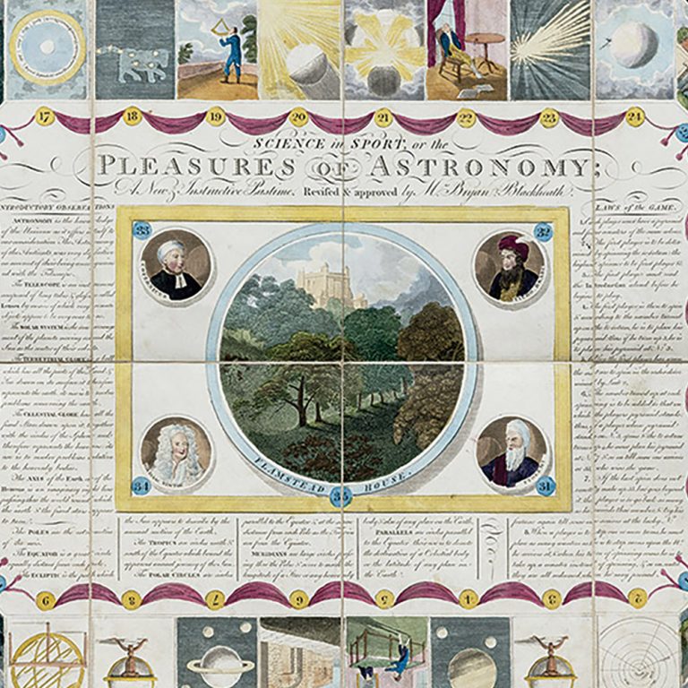Science in Sport or the Pleasures of Astronomy published in 1804. The game featured 35 playing spaces of portraits of astronomers and representations of astronomical phenomena, along with details of the known planets, zodiac signs, comets and rainbows, as well as fictional characters. Within the rules of the game, accuracy of knowledge and zeal are rewarded, while ignorance and idleness are punished.